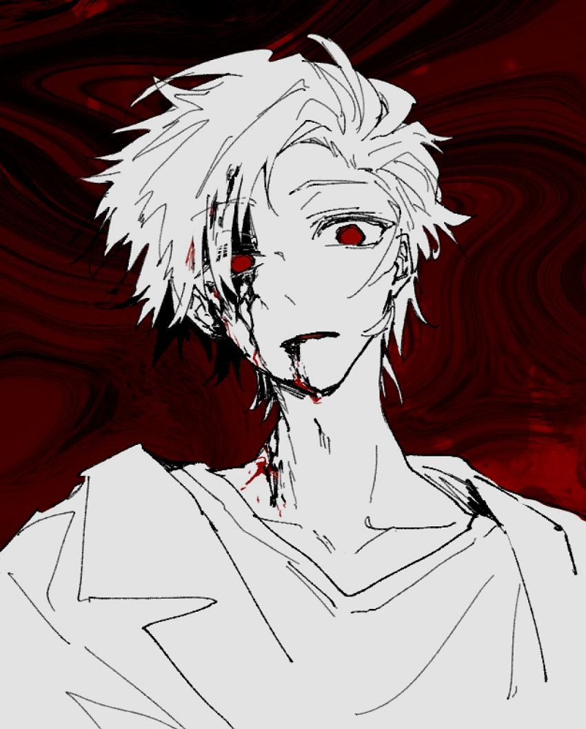 1boy abstract_background blood blood_from_mouth blood_on_face blood_on_neck collarbone commentary_request greyscale_with_colored_background highres jacket kanou_aogu lapels male_focus notched_lapels poka_(user_kypt4454) red_background red_eyes saibou_shinkyoku solo spot_color upper_body wavy_background