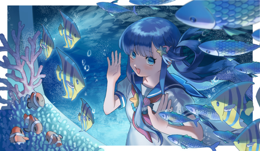1girl :d against_glass aquarium asari_nanami blue_eyes blue_hair blue_sailor_collar clownfish coral fish hair_ornament hair_rings hand_on_glass highres idolmaster idolmaster_cinderella_girls long_hair neckerchief open_mouth red_neckerchief ro_torobo sailor_collar sailor_shirt sea_anemone seashell shell shell_hair_ornament shirt short_sleeves sidelocks smile solo star_(symbol) star_hair_ornament upper_body water white_shirt