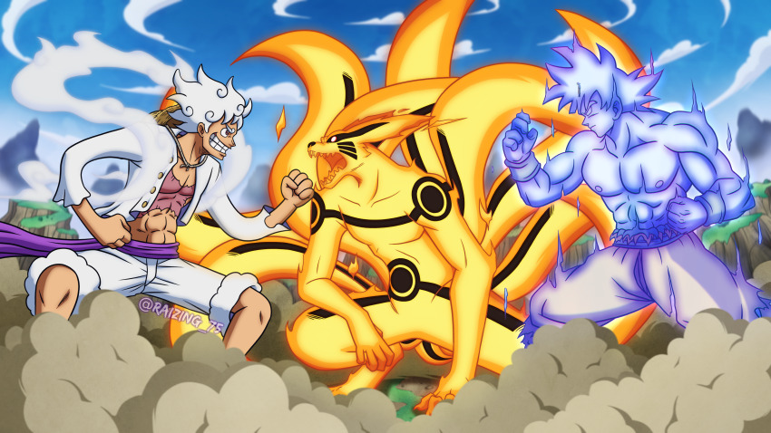 2boys absurdres alternate_form animal aura battle battle_damage battle_stadium_don blue_sky boruto:_naruto_next_generations boruto:_naruto_the_movie closed_mouth cloud cloud_hair cloudy_sky copyright_request curly_eyebrows devil_fruit_power dougi dragon_ball dragon_ball_(classic) dragon_ball_super dragonball_z dust_cloud facial_mark fighting fox gear_fifth giant giant_male giant_monster grey_hair grin hat hat_on_back highres kaiju kitsune kurama_(naruto) kyuubi male_focus monkey_d._luffy multiple_boys multiple_tails muscular muscular_male naruto:_the_last naruto_(classic) naruto_(series) naruto_shippuuden one_piece open_clothes open_mouth oversized_animal pants perfected_ultra_instinct_giant_form red_eyes sandals scar scar_on_chest scene_reference sean_cliff shirt short_hair shorts sky smile son_goku spiked_hair tail teeth topless_male torn_clothes ultra_instinct uzumaki_naruto whisker_markings white_hair wristband