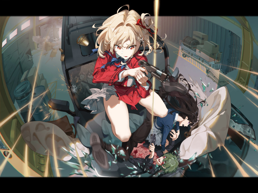 1boy 3girls absurdres airbag backpack bag black_footwear black_hair black_jacket black_pants blonde_hair blood blood_on_clothes blood_on_face blue_dress blue_ribbon box broken_glass broken_window brown_eyes brown_hair car car_crash cardboard_box cargo_pallet casing_ejection cheese_kang chiappa_rhino collared_shirt container crate dress driving drum_(container) earpiece fingernails firing fisheye floral_print gangsta_hold glass glass_shards glasses green_eyes green_hair green_shirt grey_dress gun hair_ribbon handgun highres holding holding_gun holding_weapon indoors inoue_takina jacket letterboxed long_hair low_bore_axis_revolver lycoris_recoil lycoris_uniform m1911 majima_(lycoris_recoil) motion_blur motor_vehicle multiple_girls nakahara_mizuki neck_ribbon nishikigi_chisato open_mouth pants pink_shirt platform_truck pleated_dress purple_eyes red-framed_eyewear red_dress red_eyes red_ribbon revolver ribbon seatbelt shell_casing shipping_container shirt short_sleeves snubnosed_revolver tank_top thighs two-tone_dress v-shaped_eyebrows warehouse weapon white_shirt