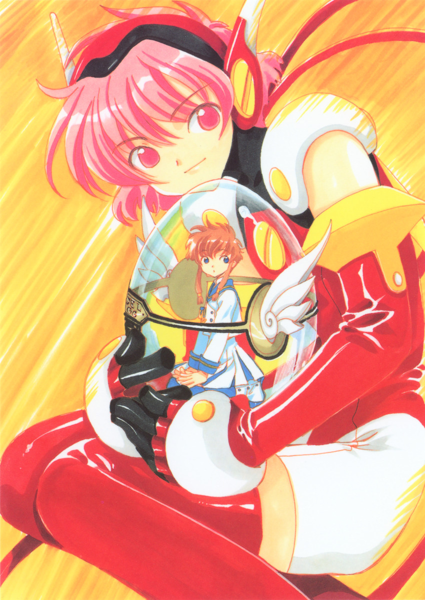 2girls absurdres alternate_size angelic_layer blue_eyes bodysuit clamp_(circle) clamp_(circle)_(style) closed_mouth detached_sleeves egg highres hikaru_(angelic_layer) holding holding_egg kneeling multiple_girls orange_background pink_eyes pink_hair red_bodysuit red_thighhighs scan shirt short_hair skirt smile suzuhara_misaki thighhighs third-party_source white_shirt white_skirt