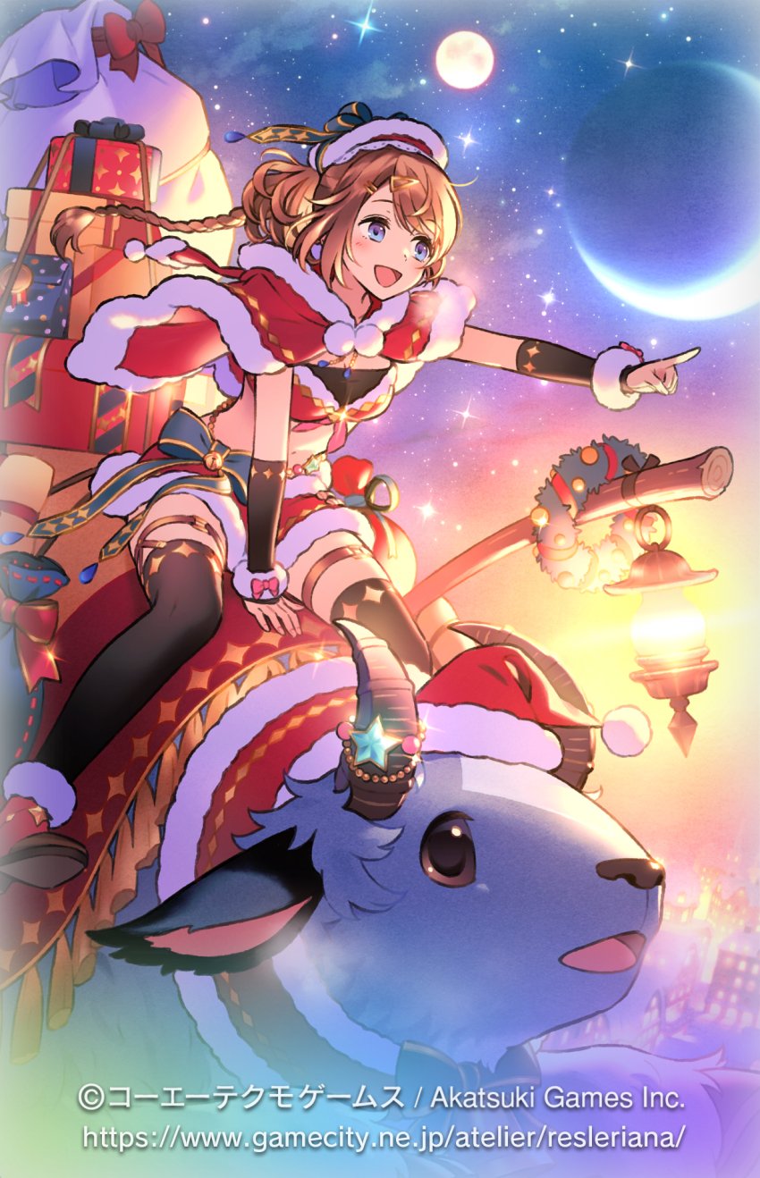 1girl :d atelier_(series) atelier_resleriana between_legs black_thighhighs blue_eyes box braid capelet christmas commentary_request copyright_notice crescent_moon crop_top detached_sleeves funuyu fur-trimmed_capelet fur-trimmed_headwear fur-trimmed_skirt fur_trim gift gift_box hand_between_legs hat highres lantern long_hair long_sleeves moon multiple_moons navel night night_sky official_alternate_costume official_art open_mouth outdoors pointing pointing_forward red_capelet red_footwear red_hat red_skirt resna_sternenlicht resna_sternenlicht_(starry_heavens_gift) sack santa_costume sitting sitting_on_animal skirt sky smile star_(sky) star_(symbol) starry_sky tassel thigh_strap thighhighs watermark web_address