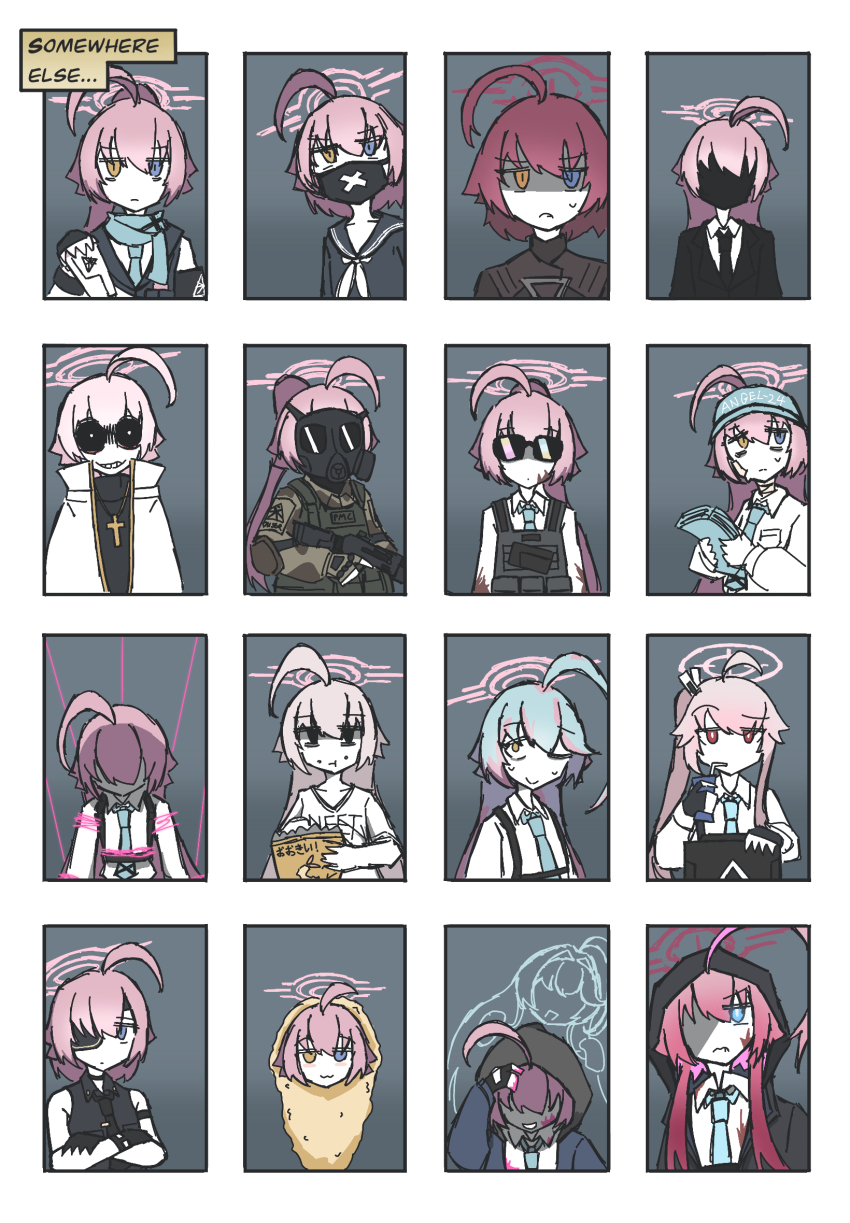 1girl ahoge alexander_anderson alternate_costume alternate_hairstyle black_eyes black_jacket black_mask black_necktie black_sailor_collar black_shirt black_vest blood blood_on_clothes blood_on_face blue_archive blue_eyes blue_hat blue_jacket blue_necktie blue_scarf bound bound_arms bound_torso brown_coat bulletproof_vest camouflage camouflage_gloves camouflage_jacket chips_(food) closed_mouth coat cosplay crazy_eyes cross cross_necklace crossed_arms drink faceless fingerless_gloves food gas_mask gloves gun hair_between_eyes hat hellsing heterochromia highres holding holding_drink holding_gun holding_paper holding_shield holding_weapon hood hood_up hoshino_(blue_archive) invincible_(series) jacket jewelry juice_box long_hair mask mouth_mask multicolored_hair natsu_(blue_archive) natsu_(blue_archive)_(cosplay) necklace necktie one_eye_closed one_side_up paper pink_eyes pink_hair ribbon sailor_collar scarf shaded_face shield shiroko_(blue_archive) shiroko_(blue_archive)_(cosplay) shirt shotgun shrimp shrimp_tempura sidelocks sleeveless sleeveless_shirt smile sukeban_(smg)_(blue_archive) sukeban_(smg)_(blue_archive)_(cosplay) sunglasses suou_(blue_archive) suou_(blue_archive)_(cosplay) surgical_mask sweatdrop tempura trench_raider vest weapon white_coat white_ribbon white_shirt yellow_eyes