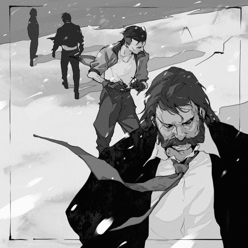 4boys beard bomber_jacket chanasykine chinese_commentary disco_elysium facial_hair formal_clothes frilled_shirt frills greyscale harry_du_bois highres holding holding_removed_eyewear jacket kim_kitsuragi monochrome multiple_boys necktie shirt snow suit unworn_eyewear wind
