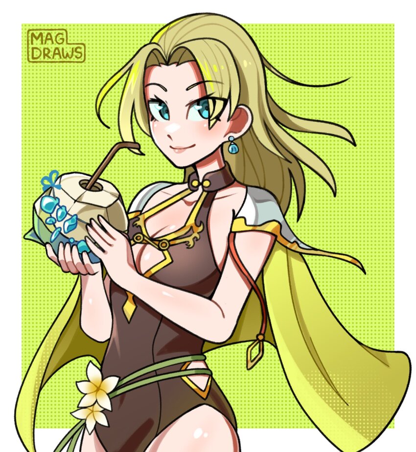 1girl blonde_hair blue_eyes breasts cape cleavage coconut coconut_cup earrings eyes_visible_through_hair fire_emblem fire_emblem:_the_sacred_stones fire_emblem_heroes highres jewelry mag_(magdraws) medium_breasts medium_hair nintendo official_alternate_costume one-piece_swimsuit parted_bangs selena_(fire_emblem:_the_sacred_stones) selena_(summer)_(fire_emblem:_the_sacred_stones) signature smile solo swimsuit
