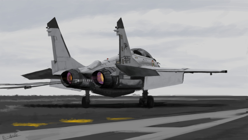 absurdres aircraft airplane dr-arche fighter_jet highres hindi_text indian_air_force mig-29 military military_vehicle original overcast runway sky takeoff vehicle_focus