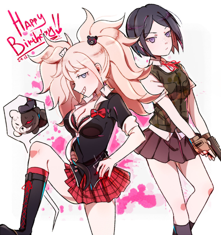 2girls bear_hair_ornament black_bra black_footwear black_hair black_shirt black_skirt blonde_hair blue_eyes blush boots bra breasts calf_boots camouflage camouflage_vest cleavage danganronpa:_trigger_happy_havoc danganronpa_(series) ears enoshima_junko gun hair_ornament hand_on_own_hip handgun high_heel_boots high_heels highres holding holding_gun holding_pistol holding_weapon ikusaba_mukuro monokuma multiple_girls nail_polish open_mouth pistol plaid_clothes plaid_skirt pleated_skirt purple_eyes red_nails red_skirt shirt siblings simple_background sisters skirt smile standing teeth twins twintails underwear weapon white_background white_shirt