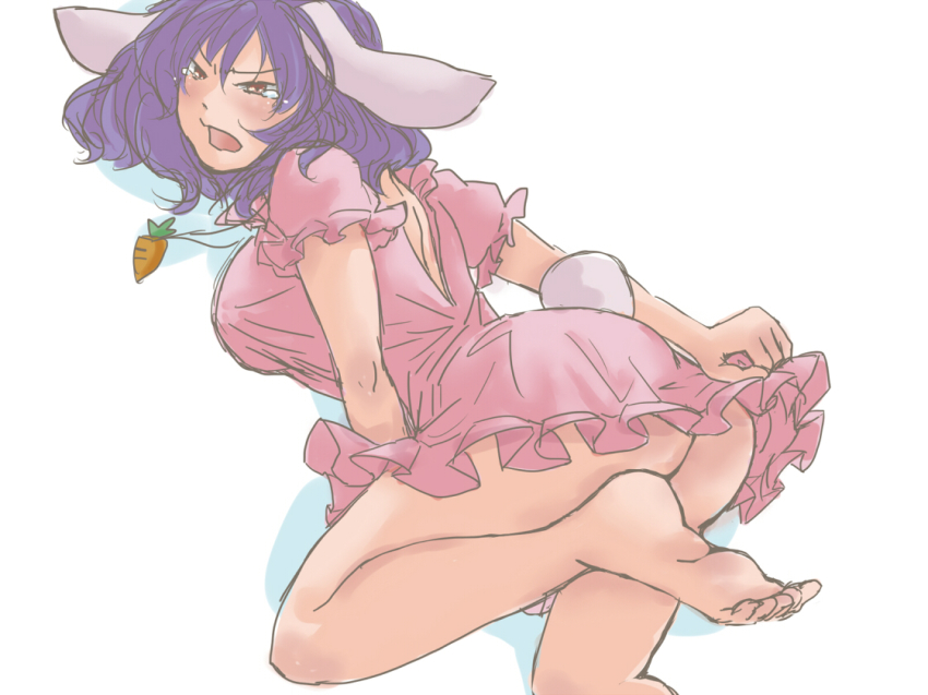 1girl animal_ears ass bare_back bare_legs barefoot breasts carrot_necklace clothes_pull cosplay dress dress_pull dress_tug embarrassed feet female_focus inaba_tewi inaba_tewi_(cosplay) jewelry large_breasts leg_up legs looking_to_the_side mabui necklace no_panties pendant pink_dress purple_hair rabbit_ears rabbit_girl rabbit_tail red_eyes short_hair simple_background solo tail tears thighs touhou white_background yasaka_kanako
