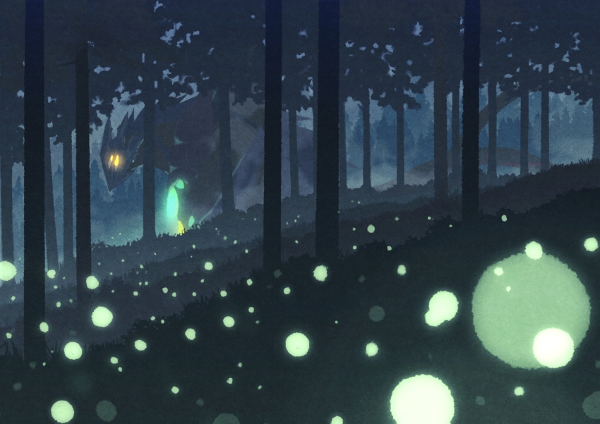 arm_blade bioluminescence daiei_film faceplate fireflies forest gamera_(series) gamera_3:_revenge_of_iris glowing glowing_eyes highres iris_(gamera) kaiju nature night no_humans pectorals peroringa sleeping tentacles tree weapon