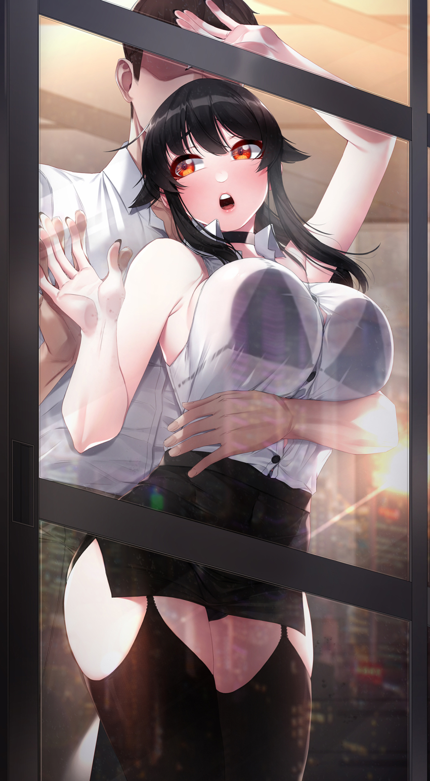 1boy 1girl against_glass akchu arm_up black_bra black_choker black_hair black_panties black_skirt black_thighhighs bra breast_press breasts chobi_(akchu) choker collared_shirt commentary dress_shirt english_commentary hair_between_eyes hand_up hetero highres hug hug_from_behind indoors large_breasts open_mouth paid_reward_available panties red_eyes shirt skirt sleeveless sleeveless_shirt standing teeth thighhighs underwear upper_teeth_only white_shirt window