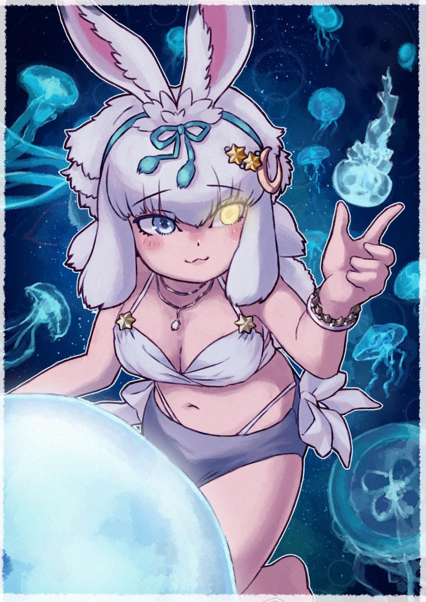 1girl :3 absurdres animal animal_ears bikini blue_eyes blush_stickers border bracelet breasts cleavage closed_mouth crescent crescent_hair_ornament glowing glowing_eye grey_hair hair_between_eyes hair_ornament hairband hand_up heterochromia highres jellyfish jewelry kemono_friends kemono_friends_3 layered_bikini layered_clothes leaning_forward long_hair looking_at_another medium_breasts navel official_alternate_costume pendant rabbit_ears smile stomach swimsuit toriny tsukuyomi_shinshi_(kemono_friends) white_border yellow_eyes