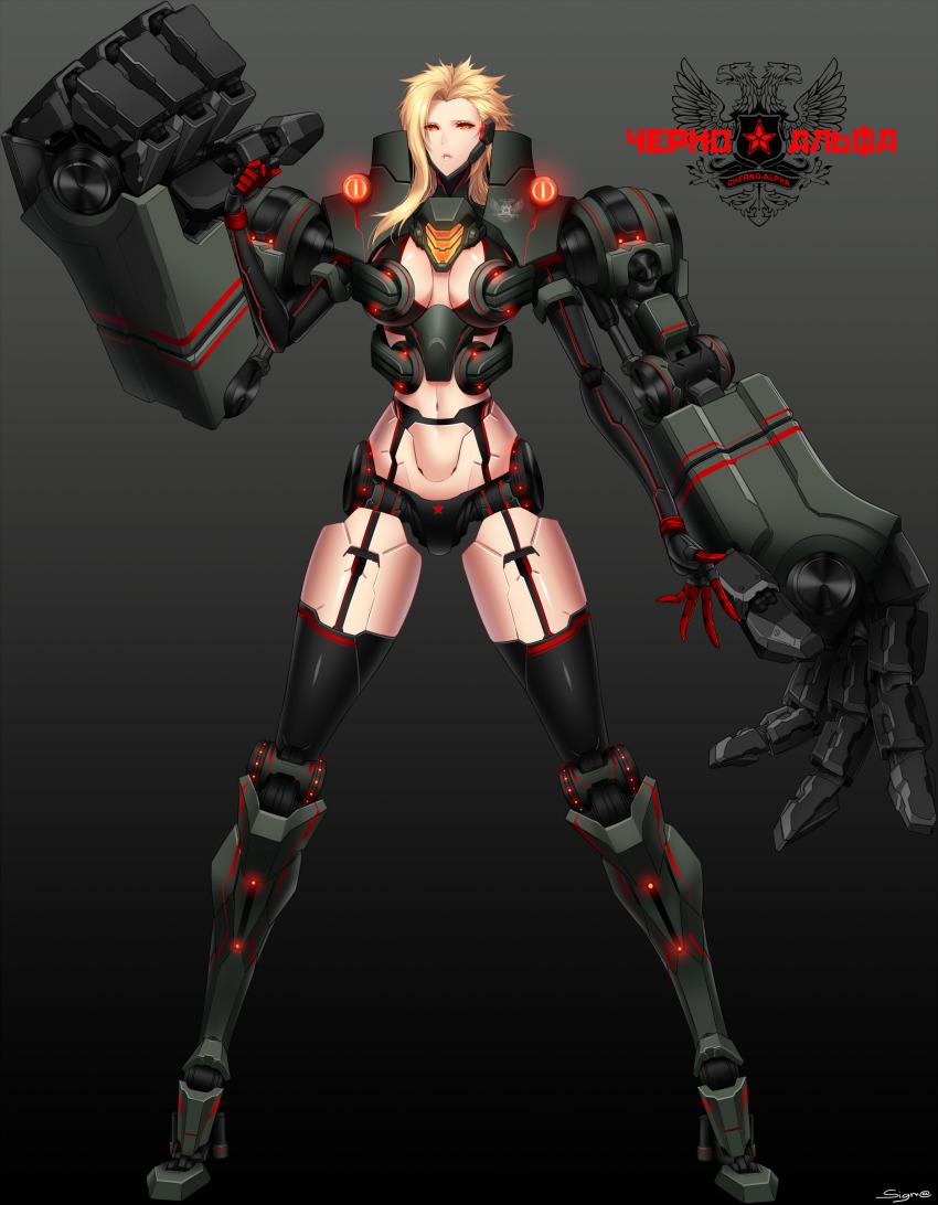 1girl absurdres bad_id bad_pixiv_id bird black_thighhighs blonde_hair breasts character_name cherno_alpha cleavage_cutout clothing_cutout crest eagle emblem full_body garter_belt garter_straps glowing highres jaeger_(pacific_rim) joints legendary_pictures long_hair mecha_musume mechanical_arms mullet navel neon_trim pacific_rim pan_pacific_defense_corps personification power_suit red_eyes robot_joints roll_of_nickels_(pacific_rim) sigm@ thighhighs two-headed_eagle