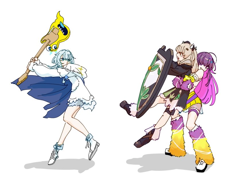 3girls absurdres amatsuna_sasaha black_boots black_dress blue_cape blue_eyes blue_hair boots brown_hair cape commentary_request dress electric_guitar full_body fur_leg_warmers grin guitar highres hironoshin_110 holding holding_guitar holding_instrument holding_shield instrument kasukane_shino leg_warmers long_hair looking_at_another looking_to_the_side multiple_girls nanashi_inc. open_mouth purple_hair shield simple_background skirt smile uruwashi_ririri virtual_youtuber white_background white_boots white_dress yellow_skirt