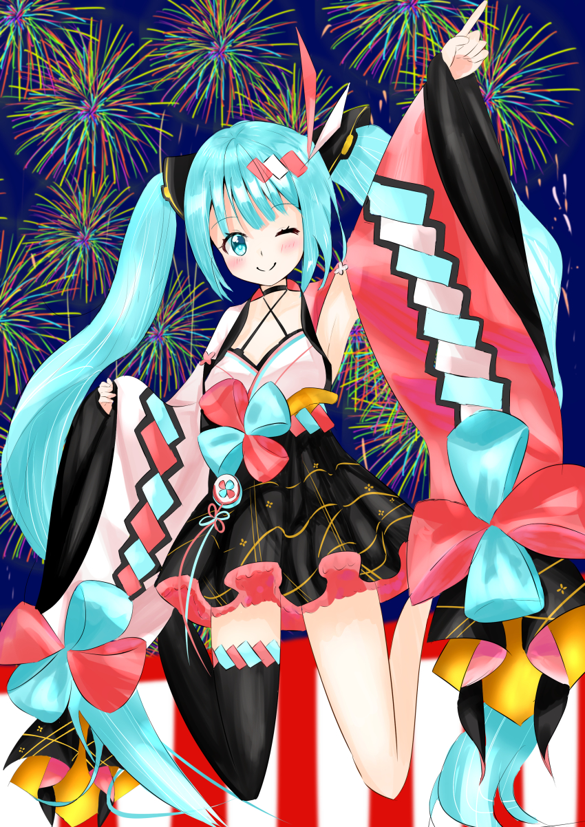 1girl absurdly_long_hair absurdres aqua_eyes aqua_hair artist_name artist_request asymmetrical_footwear asymmetrical_legwear asymmetrical_sleeves bare_legs bare_shoulders black_choker black_sandals black_skirt black_thighhighs blue_eyes blue_hair blush bow choker collarbone criss-cross_halter fang female_focus fireworks floating floral_print frilled_skirt frills full_body gradient_hair hair_between_eyes hair_ornament hairclip halterneck hatsune_miku highres japanese_clothes jump jumping kimono long_hair long_sleeves looking_at_viewer magical_mirai_(2020) magical_mirai_(vocaloid) mismatched_footwear mismatched_sleeves multicolored_hair night night_sky one_eye_closed pink_hair platform_sandals pleated_skirt pointing pointing_up red_sleeves sandals sidelocks single_legwear single_thighhigh skirt sky sleeves_past_wrists smile solo thighhighs twintails uneven_legwear very_long_hair vocaloid white_sandals white_sleeves wide_sleeves x_hair_ornament yukata zouri