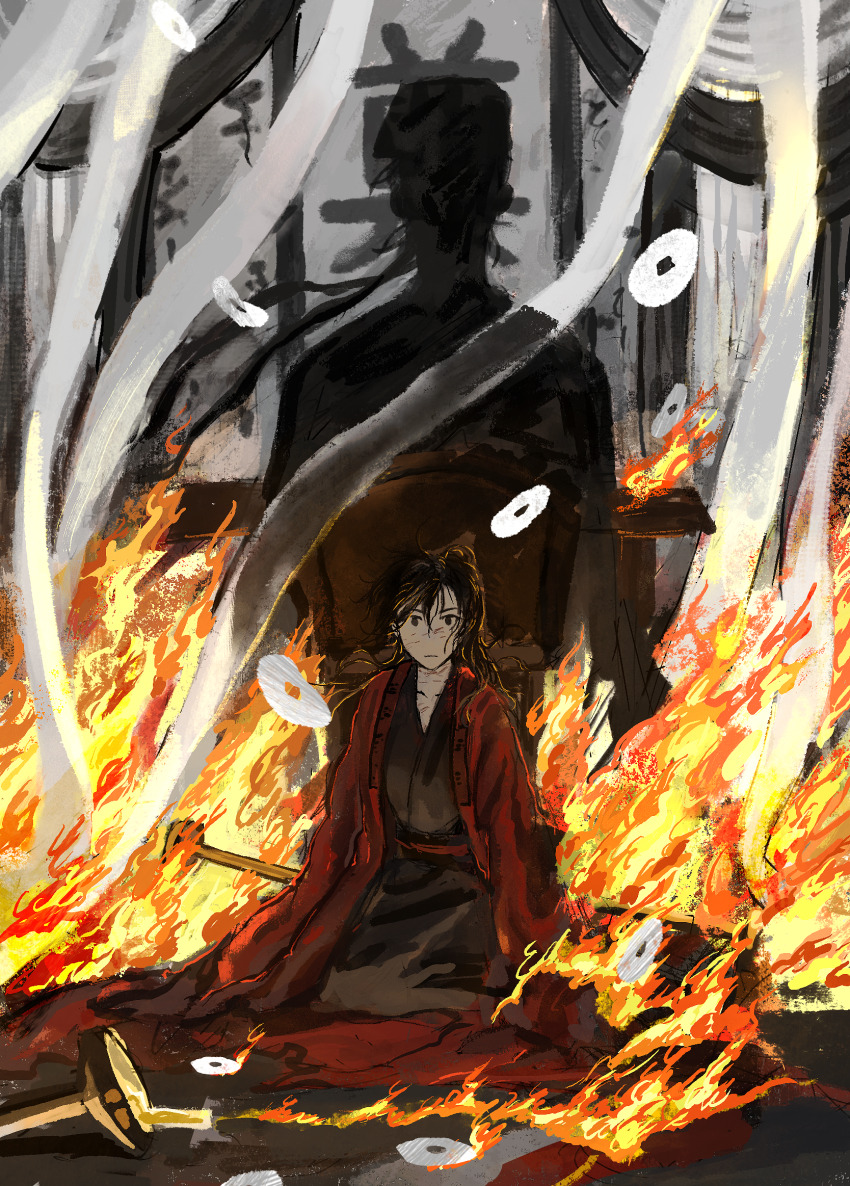 2boys black_eyes black_hair black_hanfu black_robe blood blood_on_chest blood_on_face blood_on_neck burning candle candlestand chinese_clothes chinese_commentary coat coin dao_gui_yi_xian fire floating_hair funeral ghost hair_bun hanfu highres holed_coin implied_yaoi li_huowang long_hair looking_at_viewer male_focus multiple_boys painterly red_coat robe seiza shadow single_hair_bun sitting solo_focus wind yzcx5 zhuge_yuan