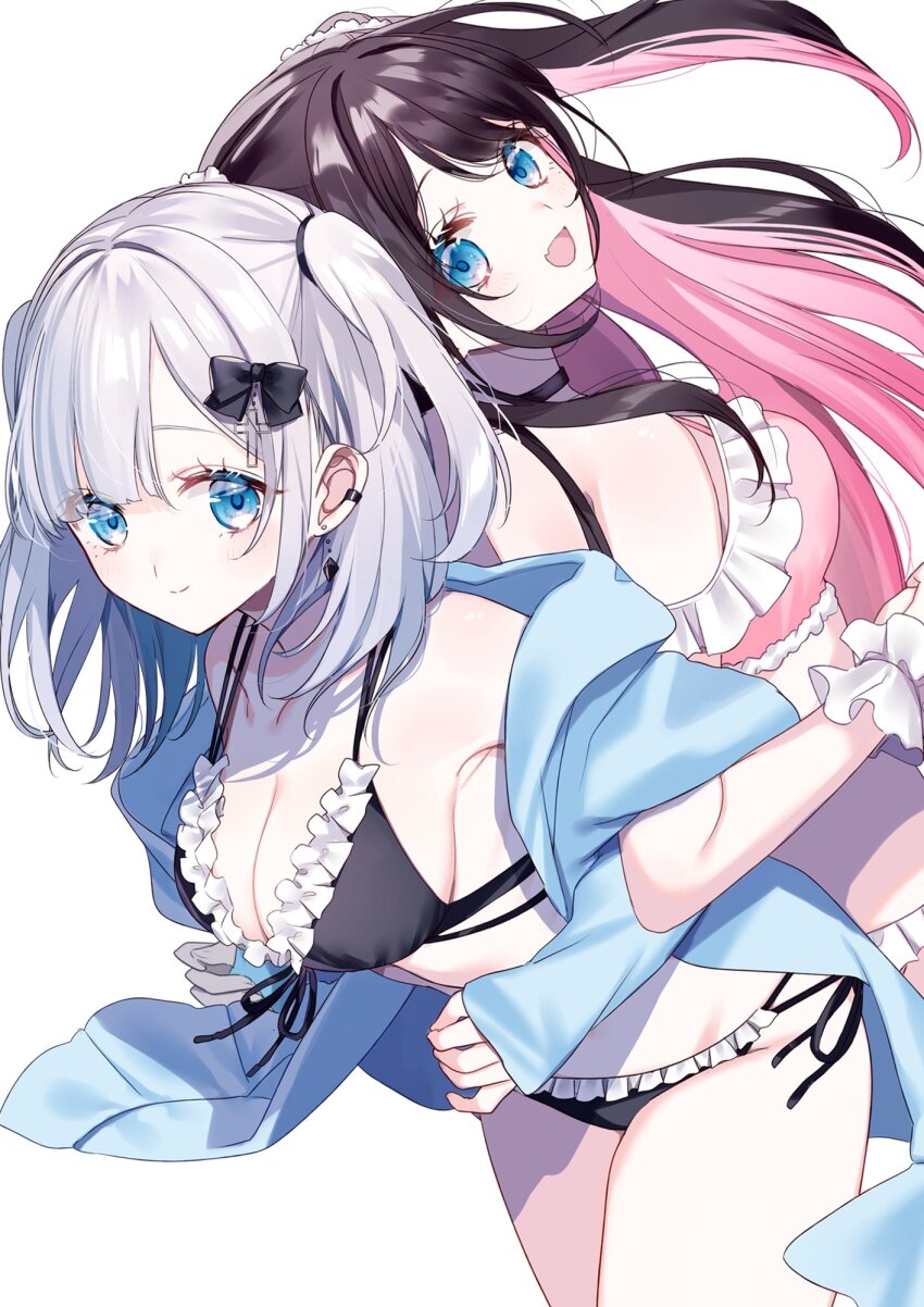 2girls armpits bikini black_bikini black_bow black_hair blue_eyes blue_jacket blunt_bangs blush bow breasts cleavage collarbone colored_inner_hair cross earrings fang frilled_bikini frills front-tie_bikini_top front-tie_top hair_bow highres jacket jewelry kaga_nazuna kaga_nazuna_(summer_c102) kaga_sumire kaga_sumire_(summer_c102) locked_arms long_hair looking_at_viewer lupinus_virtual_games medium_breasts medium_hair misumi_(macaroni) multicolored_hair multiple_girls off_shoulder pink_bikini pink_hair scrunchie siblings side-tie_bikini_bottom sidelocks simple_background skin_fang smile swept_bangs swimsuit twins twintails virtual_youtuber vspo! white_background white_scrunchie