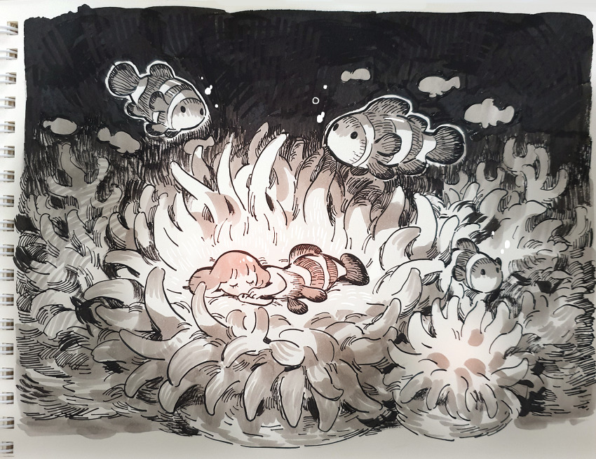 1girl air_bubble animal black_background bubble closed_eyes clownfish fins fish full_body greyscale highres lying mermaid monochrome monster_girl on_side original prema-ja sea_anemone short_hair sleeping solo traditional_media underwater