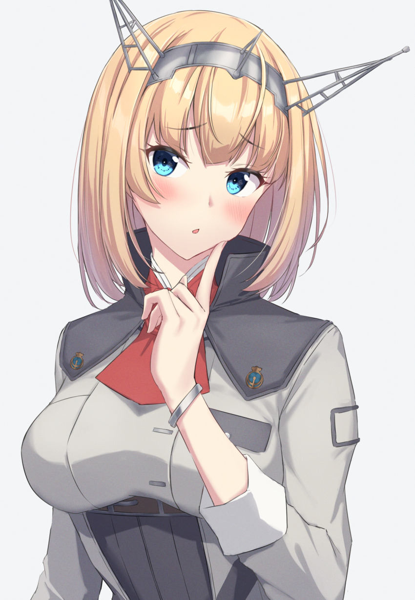 1girl absurdres ascot blonde_hair blue_eyes blush breasts grey_background headgear highres kantai_collection large_breasts long_sleeves medium_hair monoku parted_lips red_ascot rodney_(kancolle) simple_background solo upper_body white_background