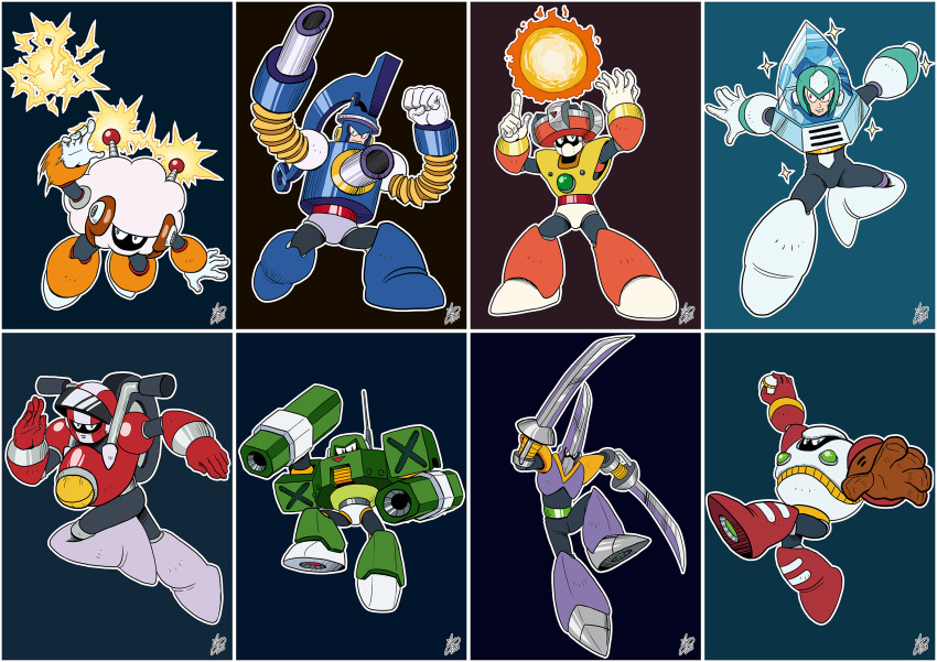 arm_cannon baseball blade_man capcom chill_man commando_man electricity full_body highres looking_at_viewer mega_man_(classic) mega_man_(series) mega_man_10 nitro_man no_humans pump_man sheep_man solar_man strike_man weapon