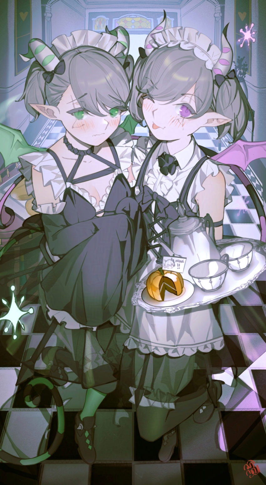 2girls apron arianna_the_labrynth_servant arianne_the_labrynth_servant black_bow black_collar black_dress black_footwear black_overalls black_sleeves blurry blush bow cake checkered_floor collar commentary_request cross-laced_clothes cross-laced_top cup demon_girl demon_wings detached_sleeves dress duel_monster english_text fang food frills green_eyes green_horns green_leggings green_wings grey_hair highres holding holding_tray horns indoors leggings long_sleeves lovely_labrynth_of_the_silver_castle maid maid_headdress multicolored_horns multiple_girls one_eye_closed overalls pink_eyes pink_horns pink_wings pointy_ears scar scar_on_face sen-jou shirt short_hair sign skin_fang sleeveless sleeveless_shirt smile swept_bangs teacup teapot tongue tongue_out tray white_apron white_horns white_shirt white_trim wings worried yu-gi-oh!