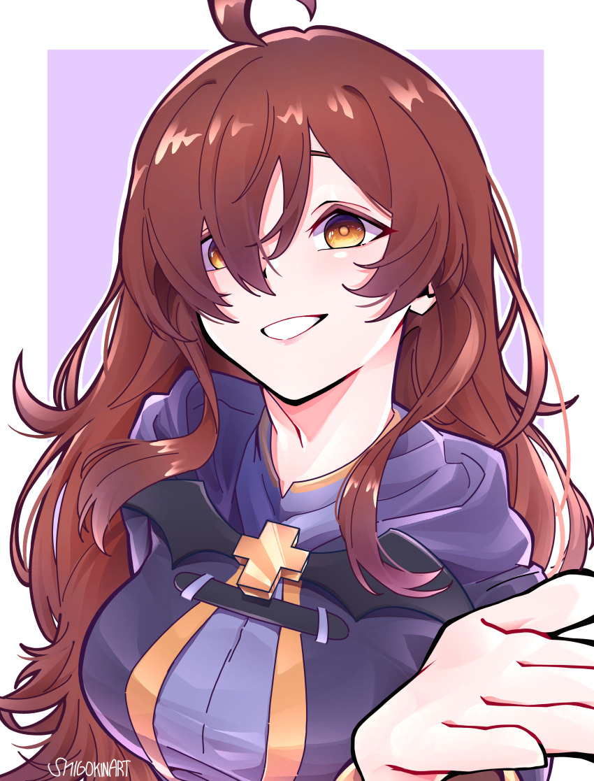1girl absurdres ahoge border brown_hair commentary cross english_commentary eyes_visible_through_hair grin hair_between_eyes hair_over_one_eye highres kono_subarashii_sekai_ni_shukufuku_wo! latin_cross long_hair long_sleeves looking_at_viewer outline outside_border purple_background purple_robe robe shigokin_(baller4jesus27) signature simple_background smile solo teeth upper_body white_border white_outline wiz_(konosuba) yellow_eyes