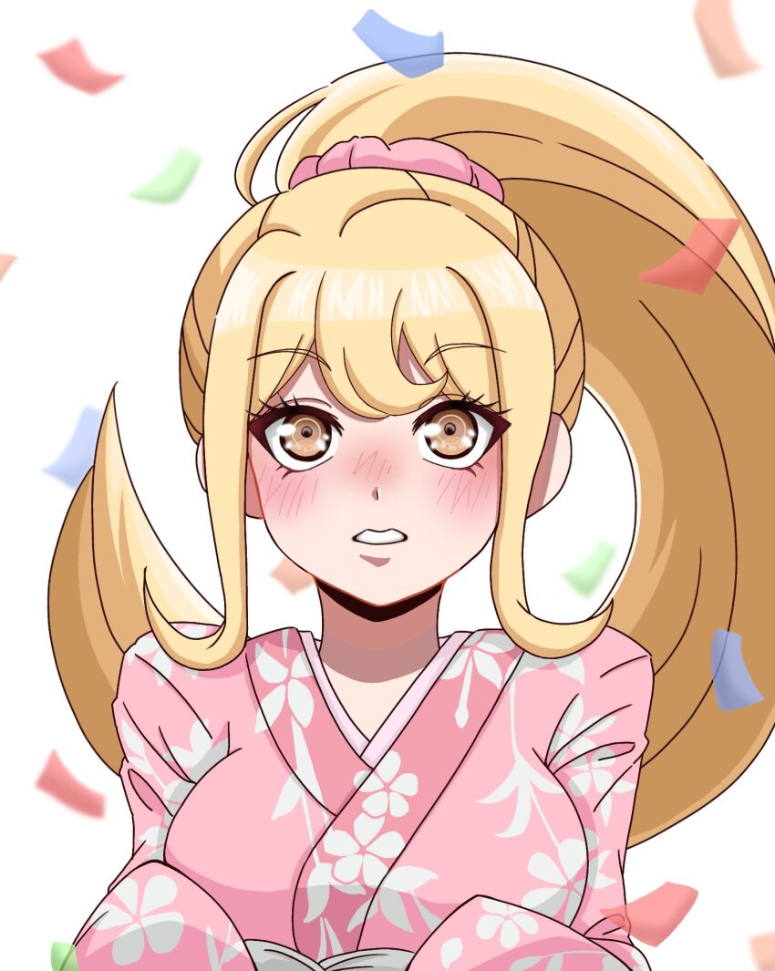 1girl blonde_hair blush breasts brown_eyes danganronpa_(series) danganronpa_2:_goodbye_despair floral_print floral_print_kimono hair_ornament hair_scrunchie highres japanese_clothes kimono large_breasts long_sleeves mochi_mochi_kinako_mochi pink_kimono pink_scrunchie ponytail print_kimono saionji_hiyoko scrunchie solo teeth upper_body white_background