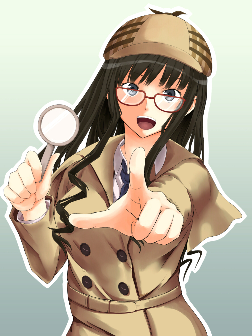 1girl amagami beret black_hair blue_background blue_eyes blue_necktie brown_capelet brown_coat brown_hat capelet coat curly_hair detective drill_hair foreshortening glass gradient_background hat highres holding holding_magnifying_glass long_hair looking_at_viewer magnifying_glass morishima_haruka necktie open_mouth pointing pointing_at_viewer red-framed_eyewear saitou_shouki solo thick_outlines upper_body