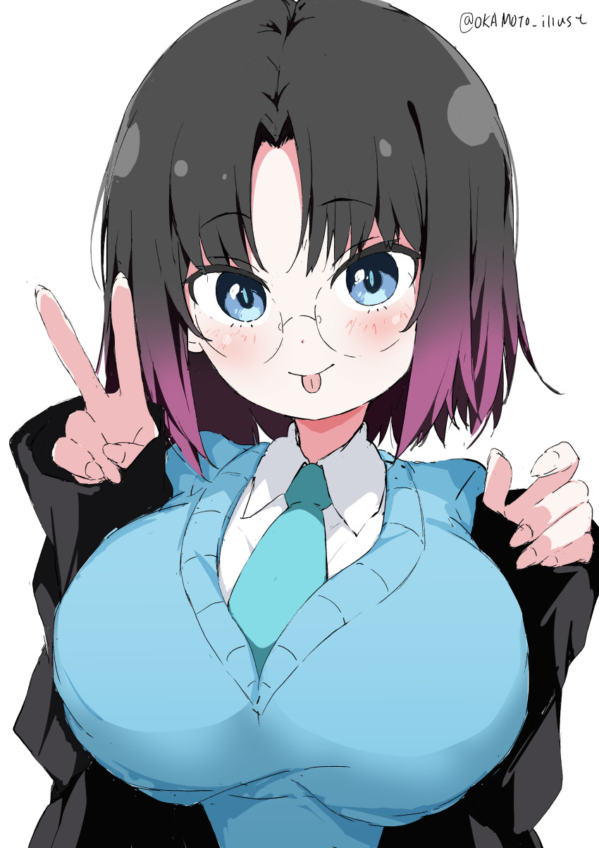1girl absurdres black_hair black_shirt blazer blue_eyes blue_necktie blue_sweater closed_mouth collared_shirt cropped_torso elma_(maidragon) glasses highres jacket kobayashi-san_chi_no_maidragon long_sleeves looking_at_viewer medium_hair multicolored_hair necktie purple_hair round_eyewear shirt simple_background smile solo sweater sweater_vest tongue tongue_out v white_background white_gorilla_(okamoto) white_shirt