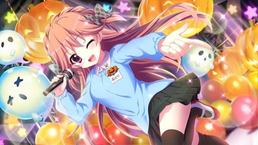 1girl balloon black_thighhighs bow braid breasts concert crown_braid dot_nose dutch_angle film_grain game_cg ghost haeno_akari hair_bow halloween holding holding_microphone izumi_tsubasu jack-o&#039;-lantern kindergarten_uniform lens_flare long_hair long_sleeves looking_at_viewer medium_breasts microphone name_tag non-web_source official_art one_eye_closed open_mouth orange_hair plaid_bow plaid_clothes plaid_skirt pointing purple_eyes re:stage! red_shoes shoes skirt smile solo sparkle stage star_(symbol) thighhighs translated two_side_up x_x zettai_ryouiki