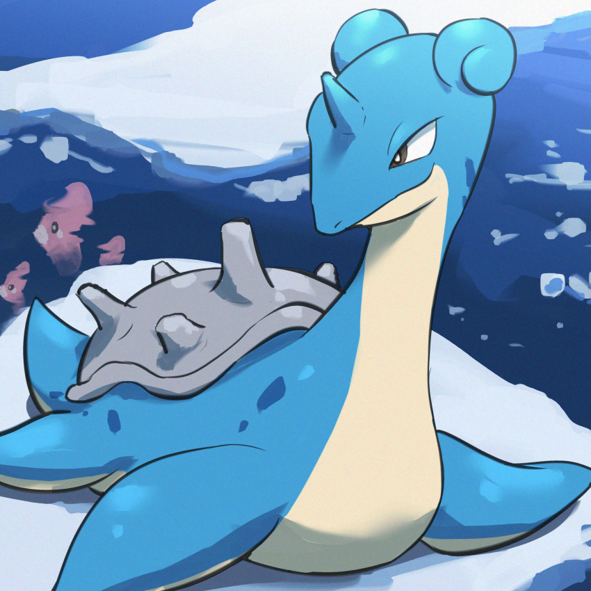 absurdres gen_1_pokemon gen_3_pokemon highres lapras looking_to_the_side luvdisc nintendo no_humans outdoors pokemon pokemon_(creature) solo_focus spicyichizo water