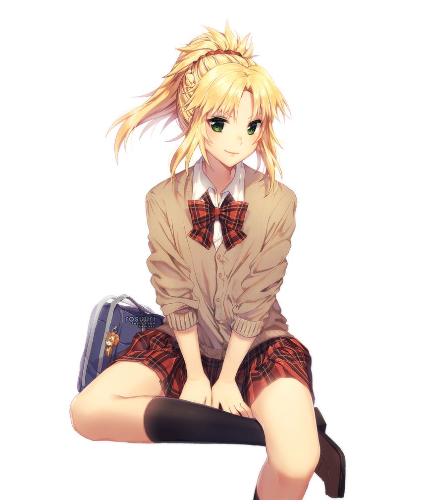1girl artist_name artoria_pendragon_(fate) bag bag_charm black_socks blonde_hair bow bowtie braid brown_shoes buttons cardigan character_doll charm_(object) fate/apocrypha fate_(series) female_focus green_eyes hair_ornament highres loafers looking_at_viewer mordred_(fate) mordred_(fate/apocrypha) parted_bangs plaid_bow plaid_bowtie plaid_clothes plaid_neckwear plaid_skirt ponytail rosuuri saber_lion school_bag school_uniform shoes short_hair sidelocks simple_background sitting skirt sleeves_rolled_up smile socks solo v_arms white_background wing_collar