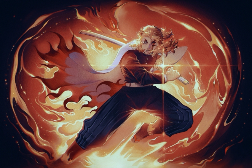 1boy blood blood_on_face cape demon_slayer_uniform fire holding holding_weapon kimetsu_no_yaiba looking_at_viewer male_focus medium_hair multicolored_hair one_eye_closed orange_hair red_hair rengoku_kyoujurou solo sword two-tone_hair user_zenn5372 weapon