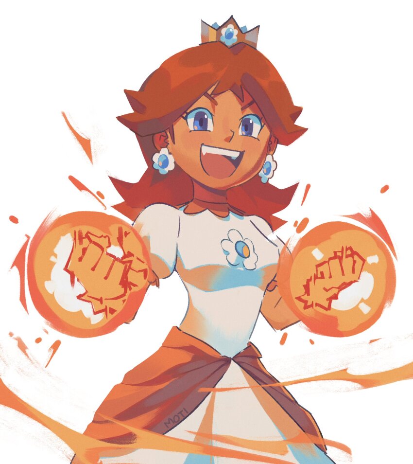 1girl blue_eyes breasts broom crown earrings fire fire_daisy flower_earrings gloves grin highres jewelry looking_at_viewer mario_(series) medium_breasts nintendo open_mouth power-up princess_daisy red_hair smile standing super_mario_bros._wonder supsross tomboy