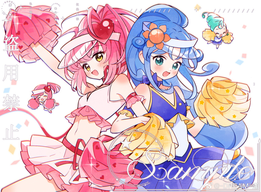4girls ^_^ adapted_costume amulet_heart amulet_heart_(cosplay) aqua_eyes aqua_hair arm_up bare_legs bare_shoulders beehive_hairdo blue_bow blue_bowtie blue_choker blue_hair blue_hat blue_leotard blue_shirt blue_shoes blue_skirt blunt_bangs blush_stickers bow bow_choker bowtie cheerleader chibi choker closed_eyes confetti cosplay cowboy_shot crop_top crossover curly_hair dream_han dress eyelashes frilled_armlet frilled_shirt frilled_skirt frills fushigiboshi_no_futago_hime guardian_chara hair_tubes hat hat_ornament heart heart_hat_ornament heart_print high_ponytail highres hinamori_amu holding holding_pom_poms leotard leotard_under_clothes light_blush locked_arms long_hair low-tied_long_hair magical_girl midriff miniskirt multiple_girls navel neck_ribbon open_mouth pink_dress pink_hair pink_hat pink_shirt pink_shoes pink_skirt pleated_skirt pom_pom_(cheerleading) pom_poms ponytail ran_(shugo_chara!) red_ribbon rein_(futagohime) ribbon sample_watermark see-through_clothes see-through_headwear shirt shoes short_hair shugo_chara! sidelocks single_blush_sticker skirt skirt_set sleeveless sleeveless_shirt smile sparkle star_(symbol) star_print sun_hat_ornament the_eleven_seed_princesses updo v-neck very_long_hair visor_cap watermark white_background white_shirt yellow_eyes