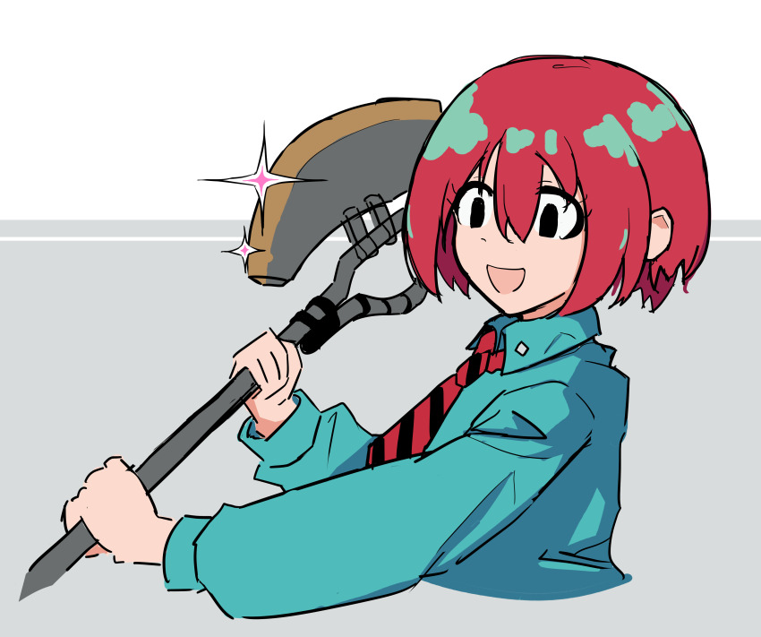 1girl absurdres amate_yuzuriha aqua_eyes axe dress gundam gundam_gquuuuuux hair_between_eyes highres holding holding_axe holding_weapon necktie pleated_dress red_hair school_uniform short_hair solo upper_body weapon
