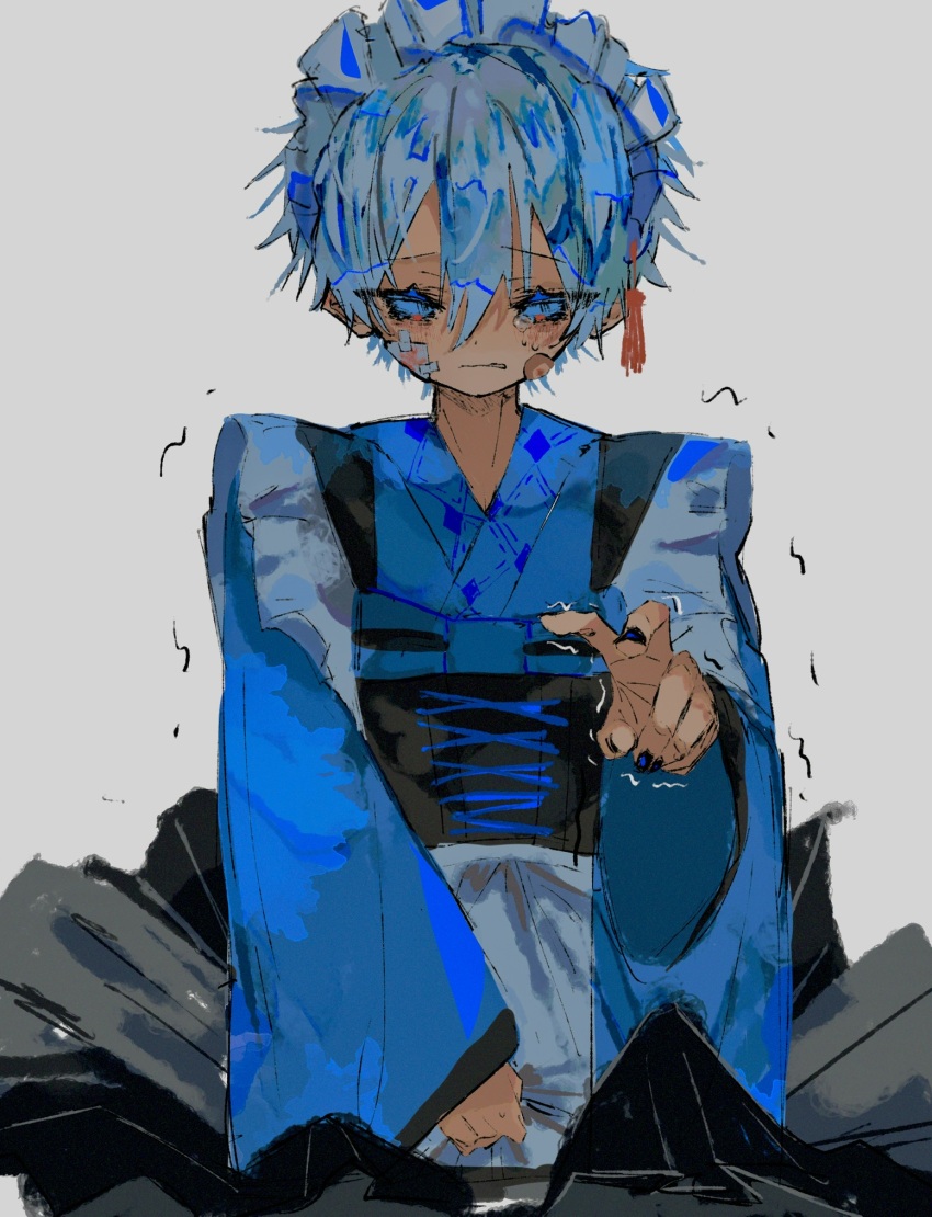 1boy apron bandaid bandaid_on_cheek bandaid_on_face black_nails black_skirt blue_eyes blue_kimono closed_mouth crossdressing facing_viewer girdle grey_background hair_between_eyes hand_up highres japanese_clothes kimono long_sleeves looking_at_viewer maid maid_apron maid_headdress male_focus male_maid multiple_boys nail_polish original piyopiyomaru_(piyopiyomaru_0) shaking shiro_(piyopiyomaru_(piyopiyomaru_0) short_hair skirt solo sweat sweatdrop tearing_up trembling v white_apron white_hair