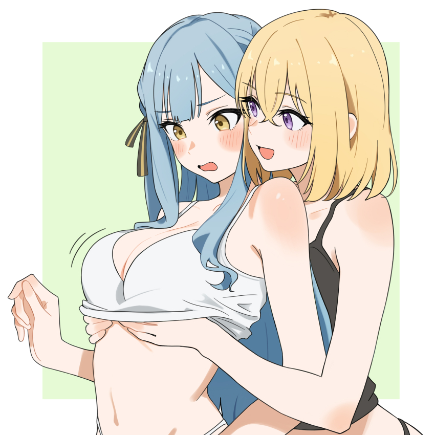 2girls add_leir bang_dream! bang_dream!_it&#039;s_mygo!!!!! black_panties blonde_hair blue_hair blush breasts camisole chinese_commentary cleavage commentary_request crossed_bangs hair_between_eyes hair_ribbon highres large_breasts long_hair medium_hair misumi_uika multiple_girls open_mouth panties purple_eyes ribbon sidelocks togawa_sakiko underwear undressing_another white_camisole white_panties yellow_eyes yuri