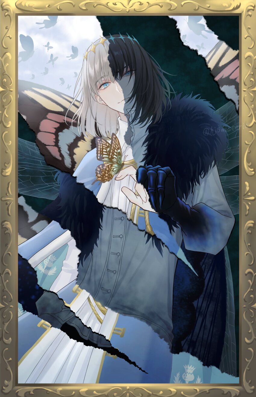 1boy absurdres black_hair blue_eyes butterfly_wings fate/grand_order fate_(series) fur_trim grey_hair hair_between_eyes highres hj0wisteria insect_wings looking_at_viewer oberon_(fate) oberon_(first_ascension)_(fate) oberon_(third_ascension)_(fate) short_hair solo split_theme wings