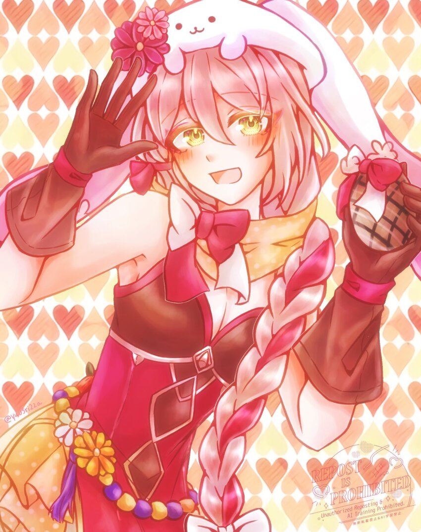 1girl animal_hat braid braided_ponytail breasts brown_gloves cleavage easter easter_egg egg expressive_clothes fire_emblem fire_emblem_engage fire_emblem_heroes flower_ornament framme_(fire_emblem) framme_(spring)_(fire_emblem) gloves hair_over_shoulder hat highres looking_at_viewer medium_breasts nintendo official_alternate_costume polka_dot polka_dot_scarf rabbit_hat scarf yellow_scarf yuria0322