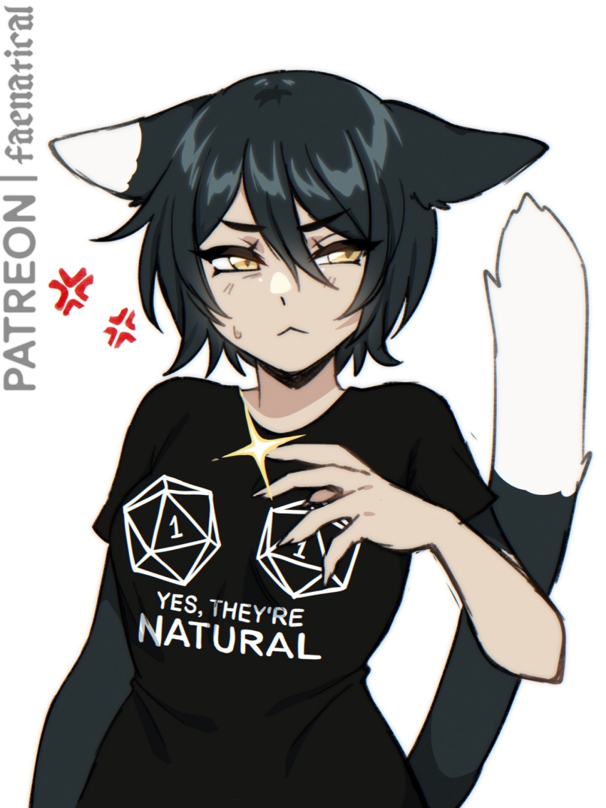 1girl anger_vein animal_ears black_hair breasts cat_ears cat_girl cat_tail d20_(die) dice dungeon_meshi faenatical hair_between_eyes highres izutsumi polyhedral_dice print_shirt shirt short_hair slit_pupils small_breasts solo tail text_print white_background yellow_eyes