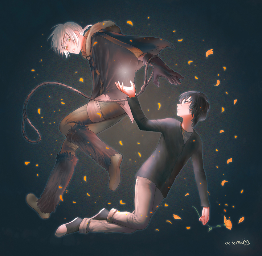 2boys black_hair boots cloak coat flower full_body fumetsu_no_anata_e fur-trimmed_cloak fur_boots fur_trim fushi gloves glowing hair_between_eyes highres holding holding_flower kansatsusha long_sleeves looking_at_another male_focus mixed-language_commentary multiple_boys octoma pants petals ponytail profile reaching reaching_towards_another rope short_hair signature simple_background spoilers white_hair yellow_eyes yellow_flower