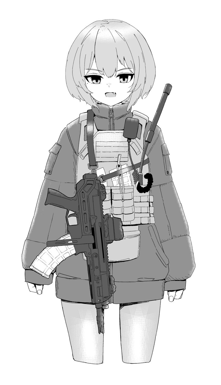 1girl absurdres ammunition_pouch antennae assault_rifle bulletproof_vest coat commentary cz_bren-2_br english_commentary fang fingernails greyscale gun gun_sling highres load_bearing_vest magazine_(weapon) monochrome muzzle_device okapi_(yomaigoto) open_mouth optical_sight original pouch rifle short_hair short_shorts shorts simple_background sleeves_past_wrists solo straight-on thighs upper_body walkie-talkie weapon white_background zipper_pull_tab