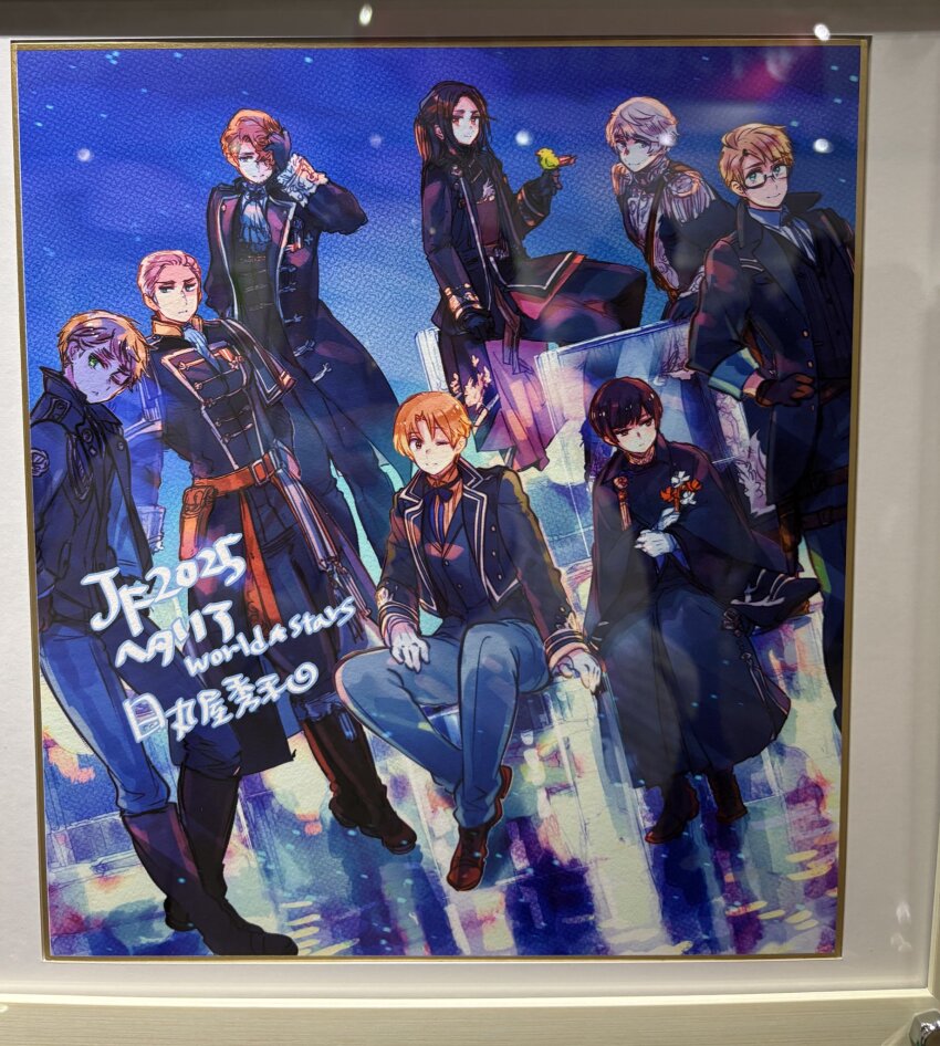 6+boys america_(hetalia) artist_name ascot axis_powers_hetalia bird black_hair blonde_hair blue_eyes brown_eyes brown_hair china_(hetalia) coat copyright_name epaulettes france_(hetalia) germany_(hetalia) glasses gloves green_eyes grey_hair hair_slicked_back half_updo highres himaruya_hidekazu jacket japan_(hetalia) long_hair long_sleeves looking_at_viewer male_focus multiple_boys northern_italy_(hetalia) pants photo_(medium) russia_(hetalia) shirt shoes short_hair signature sitting smile standing thick_eyebrows third-party_source united_kingdom_(hetalia)
