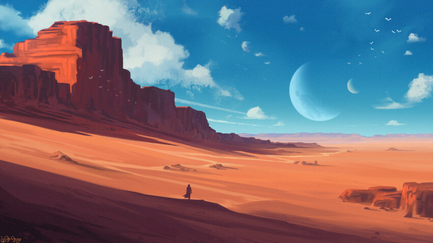 1other blue_sky cloud day desert flock from_behind highres landscape mountain original painterly planet rock sand scenery science_fiction sky wopgnop