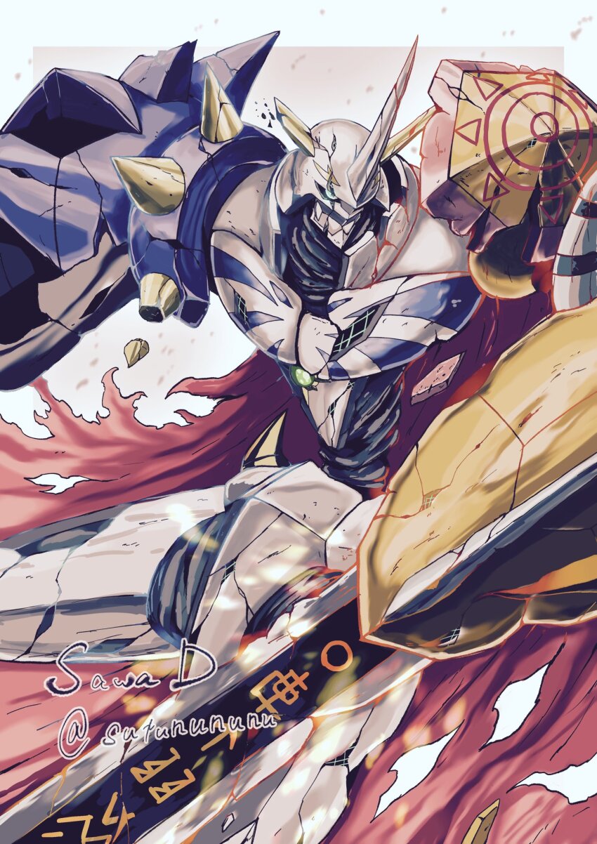 arm_blade arm_cannon armor border brown_background cape cowboy_shot digimon digimon_(creature) green_eyes highres horns mecha omegamon red_cape robot sawa_d shoulder_armor simple_background solo sword torn_cape torn_clothes weapon white_armor white_border