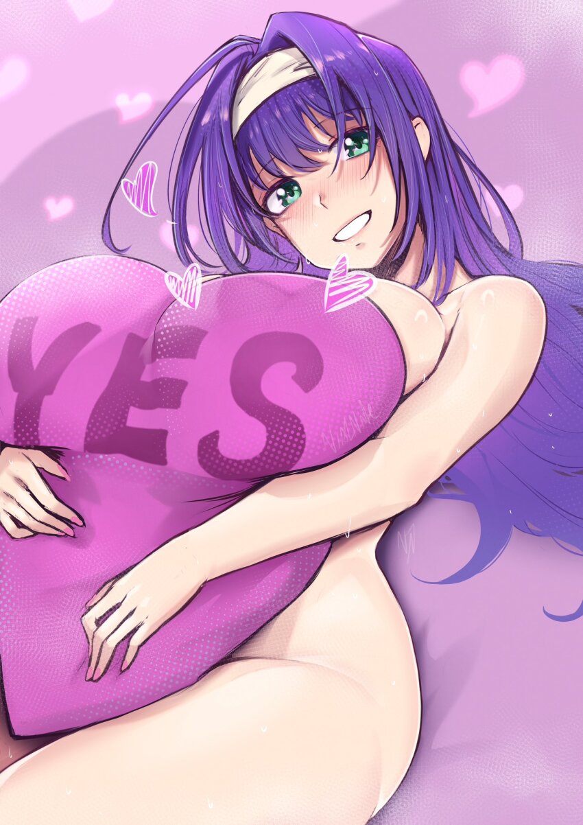 1girl blue_eyes breasts completely_nude english_text fire_emblem fire_emblem:_path_of_radiance fire_emblem:_radiant_dawn hairband head_tilt heart heart-shaped_pillow highres large_breasts long_hair mia_(fire_emblem) nintendo nude pillow purple_background purple_hair solo vialnite white_hairband yes-no_pillow