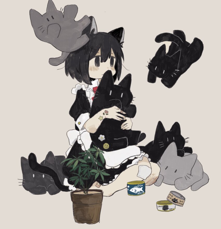 1girl animal animal_ear_fluff animal_ears apron bandaid bandaid_on_finger bandaid_on_foot bandaid_on_knee bandaid_on_leg black_cat black_dress black_eyes black_hair blurry blush brown_background canned_tuna cat cat_ears cat_girl cat_tail character_request check_character check_copyright copyright_request dress falling flower_sticker fumiko_(rubra_plumeria) grey_cat highres holding holding_animal holding_cat light_frown lying maid maid_apron messy_hair midair multiple_cats on_back on_stomach original plant potted_plant puffy_short_sleeves puffy_sleeves romaji_text short_hair short_sleeves simple_background sitting smiley_face star_sticker sticker_on_arm tail translation_request yokozuwari |_|