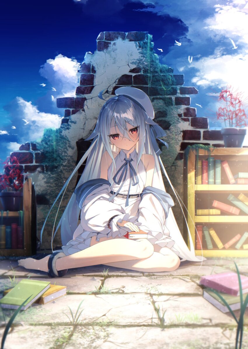 1girl ahoge belt blue_ribbon blue_sky book book_stack bookshelf brick_wall character_request clothes_down cloud commentary copyright_request flower full_body highres jacket looking_at_viewer open_clothes open_jacket red_eyes ribbon shiro_youduki shirt sitting sky sleeveless sleeveless_shirt solo spider_lily white_hair white_jacket white_shirt yokozuwari