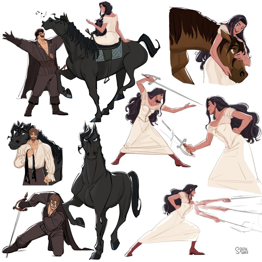 1boy 1girl absurdres beard black_hair black_horse brown_hair brown_horse commentary dress elena_de_la_vega english_commentary facial_hair full_body highres holding holding_sword holding_weapon hong_soon-sang long_hair multiple_views open_mouth simple_background smile sword the_legend_of_zorro tornado_(zorro) weapon white_background white_dress zorro zorro_(character)