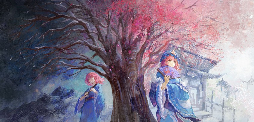 2girls blue_hat blue_skirt cherry_blossoms dual_persona ge_dazuo hand_fan hat highres knife medium_hair mob_cap multiple_girls pink_hair saigyou_ayakashi saigyouji_yuyuko saigyouji_yuyuko_(living) scenery skirt snow touhou tree